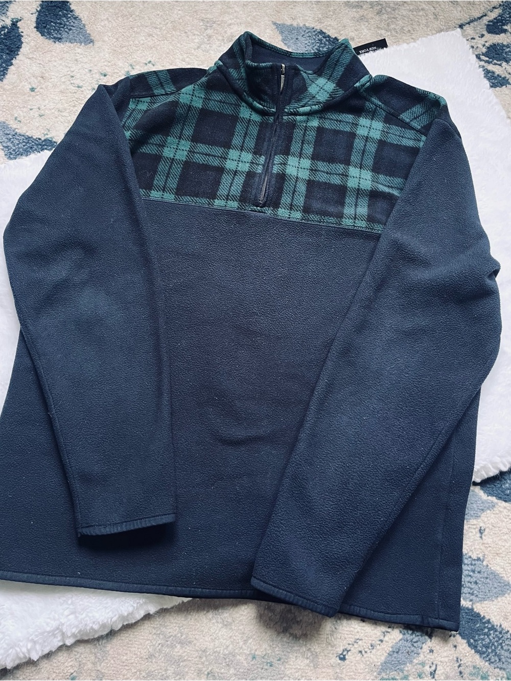Brooks Brothers Half Zip Black Watch Plaid Quarter Zip Fleece Pullover Large